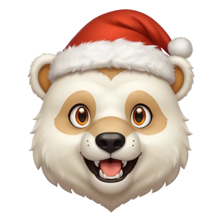 Polar bear and wolf hybrid with sabertooth fangs; light orange eyes; smiling; wearing a Santa hat  sticker