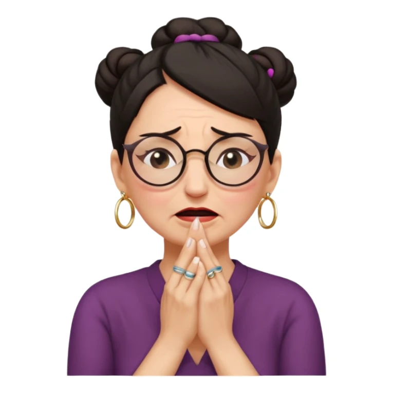  middle aged woman with dark hair pulled up in a high bun, wearing round ring earrings and glasses, expression extreme pain on her face, covering her ears with her hands very painful expression on her face, eyes squeezed shut, wincing in pain covering her ears with her hands sticker