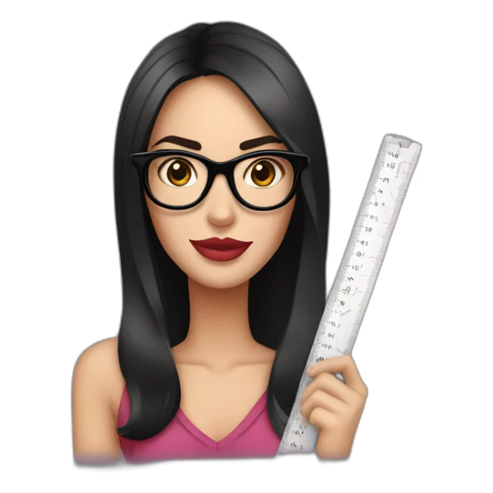 megan fox with big black thick border glasses holding a ruler sticker