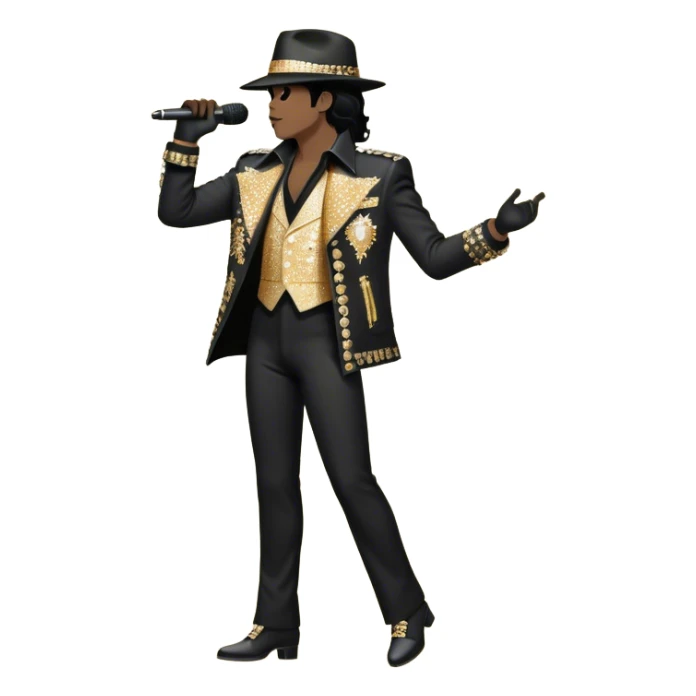 Create a dynamic and stylish emoji representing pop vocal performance with a vintage stage microphone as the central element, surrounded by iconic elements of Michael Jackson’s stage presence. Include a silhouette of his famous glittering jacket or sequined gloves, paired with the microphone to evoke his unique style. Add dramatic musical notes swirling around the microphone and jacket to symbolize the energy and showmanship of pop vocals. Use bold colors like gold, black, silver, and white to reflect the glamour and electrifying performance of a pop legend. The background should be transparent. sticker