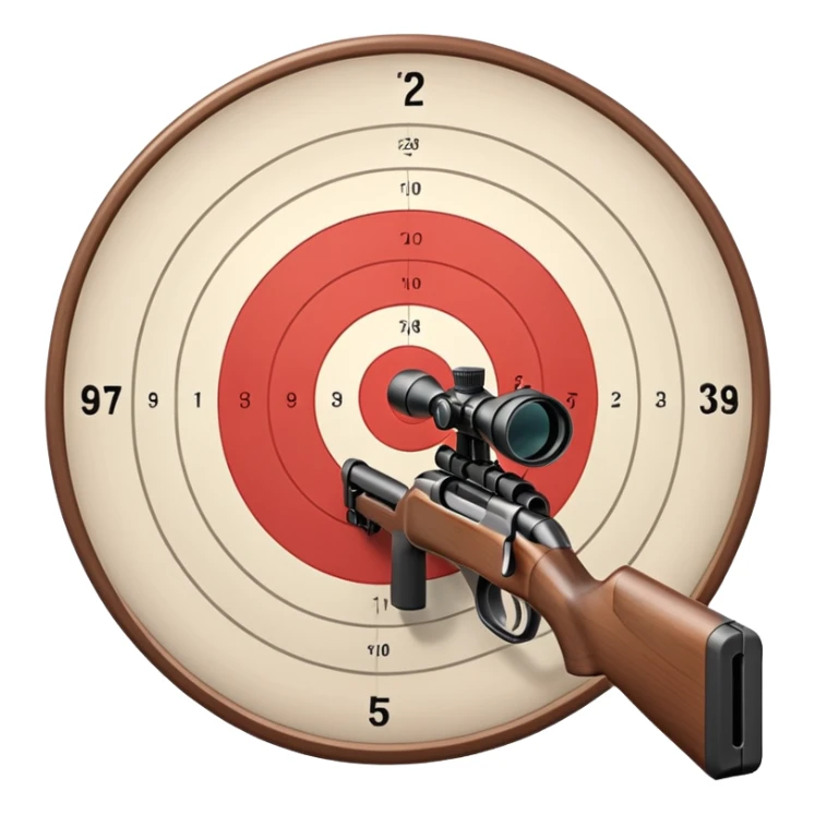 A detailed image of a rifle aimed at a target, with the target's concentric rings clearly visible. The focus is on the precision and accuracy of the sport, with the rifle positioned in front of a neutral background, emphasizing the equipment and the competitive nature of shooting. sticker
