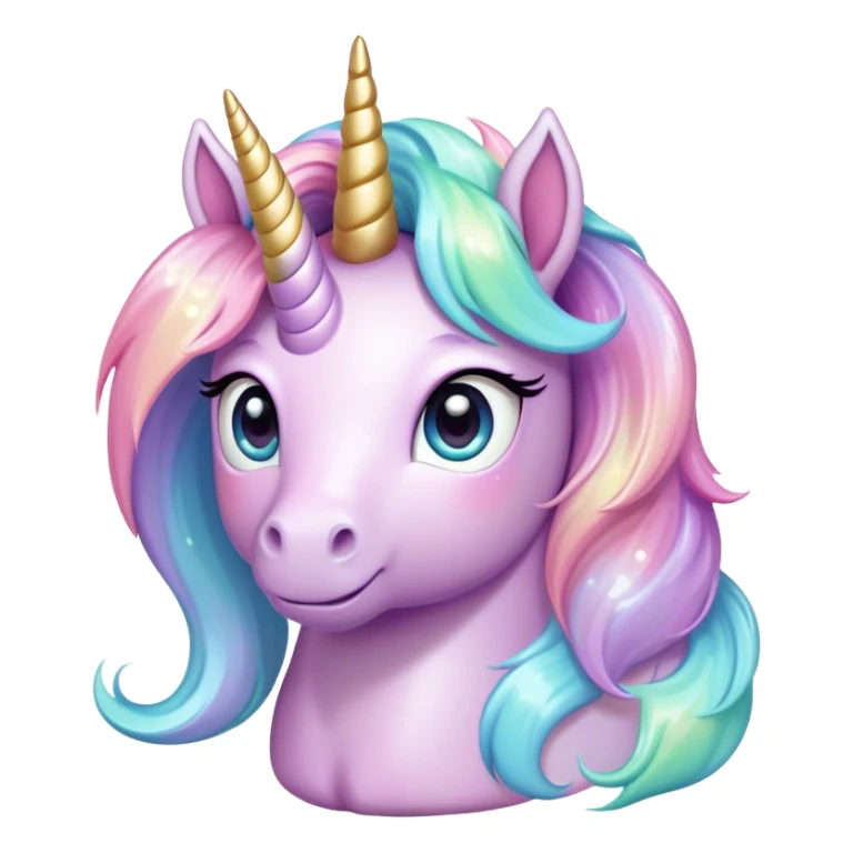 Cinematic pastel-colored unicorn, flowing iridescent mane, big sparkling eyes, tiny rounded hooves, soft chubby cheeks, delicate magical glow surrounding, enchanting and dreamy. sticker