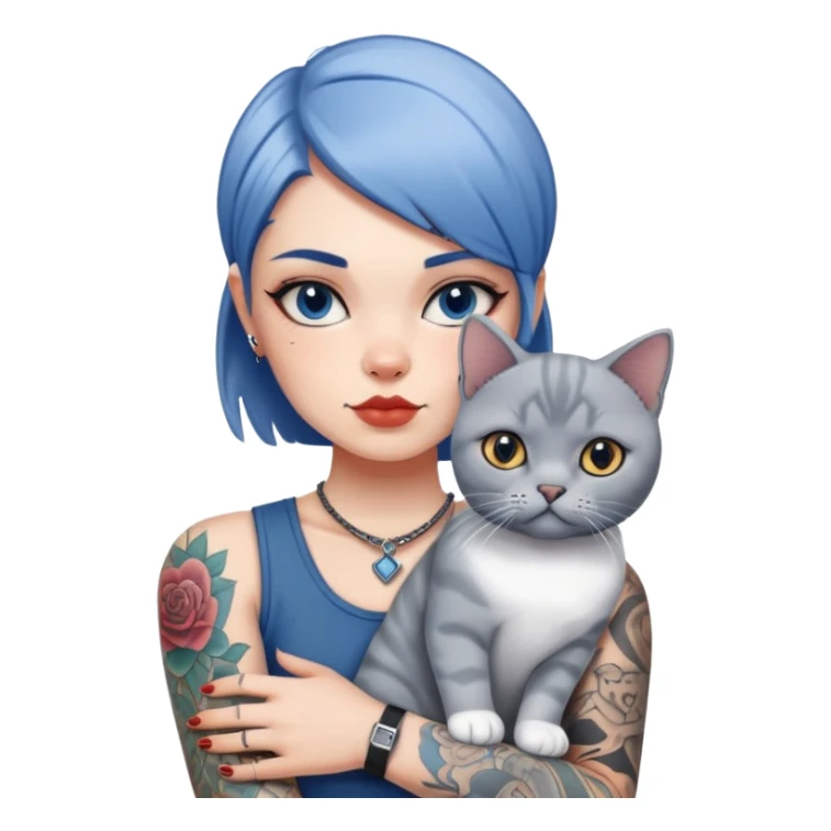 Cool girl with tattoos holding a british shorthair blue white cat sticker