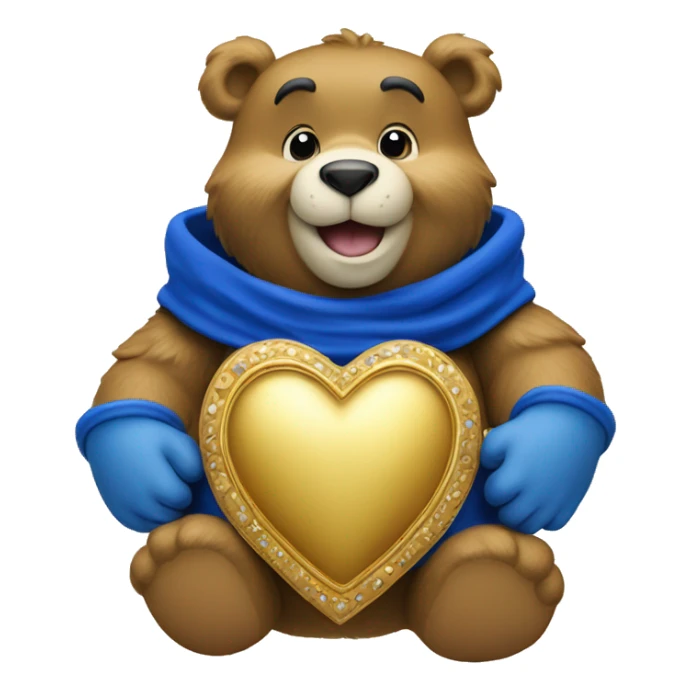 A care bear hold a royal blue and gold heart sticker