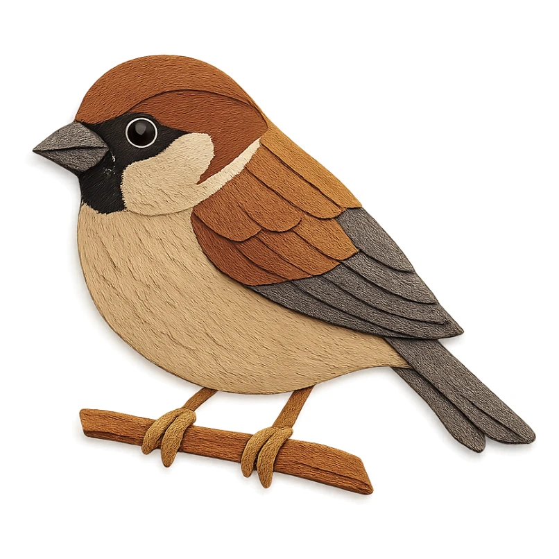 house sparrow on a branch, layered paper details, natural brown and gray plumage, expressive eye sticker