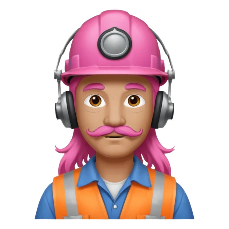 construction worker with long pink hair and ppe headphones and mustache sticker