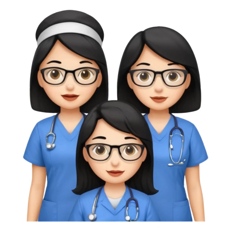 Genera un emogis con cuatro enfermeras pelinegra juntas, entre ellas una con lentes y otra con lunar encima del labio sticker