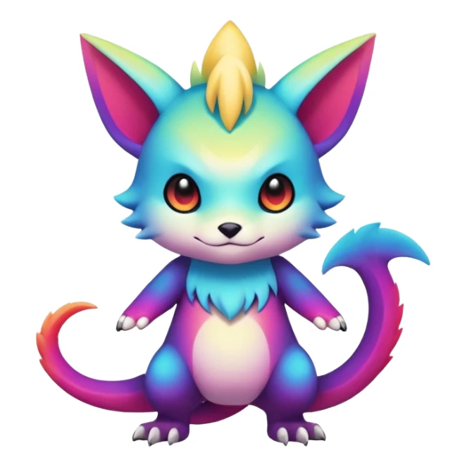 Vibrant colorful-gradient anime-styled edgy cool badass cute random Fakémon-creature, with random markings, full body sticker