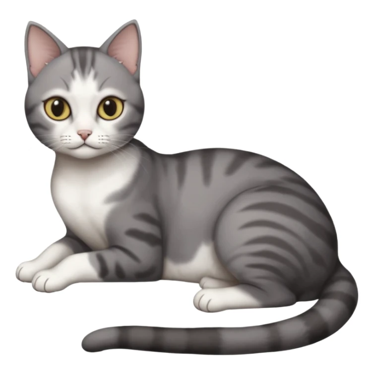 full body tiny short hair dark grey and white cat with white front legs anh azel eyes lying down sticker
