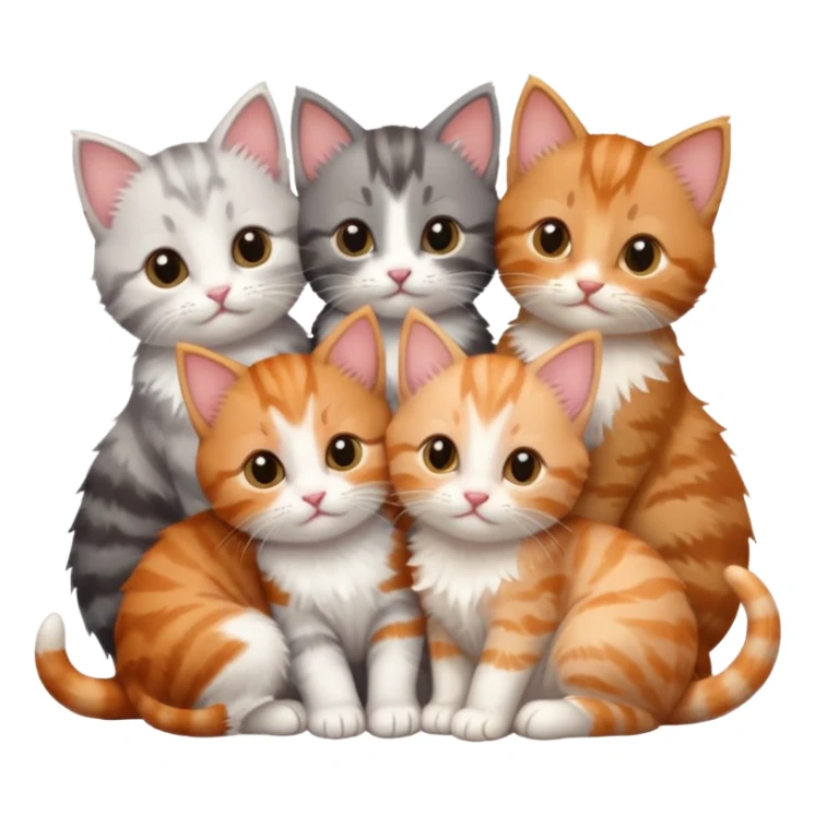 6 tiny kittens cuddling together all different colours, the first one is grey and white, the second is ginger and white and the third is brown tabby and white sticker