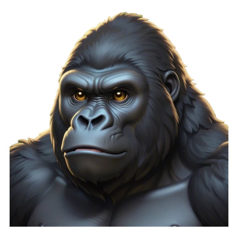 Cinematic Noble Gorilla Portrait Emoji, Poised and commanding, with a massive, muscular build cloaked in dense, rich fur and deep, soulful eyes, Simplified yet sharp and sophisticated features, highly detailed, glowing with a soft, dignified jungle glow, high shine, intelligent and formidable, stylized with an air of primate majesty, focused and authoritative, soft glowing outline, capturing the essence of a watchful guardian that feels as though it could step out of the screen with effortless authority! sticker