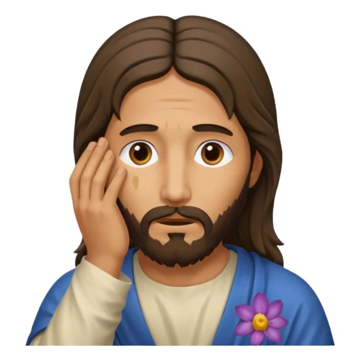 my workmate accidentally misspelled "Jesus christ" as "Jesbus christ", make an emoji of jesus with his hands on his face looking like hes ironically in pain sticker