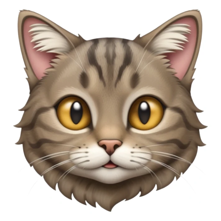 cinematic-[grey brown tabby cat]-realistic-emoji,-tail-curled-playfully-around-its-paws,-head-tilted-dramatically,-scruffy-[grey]-fur,-simplified-yet-realistic-focused-features,-highly-detailed,-glowing-with-an-almost-sarcastic-glow sticker