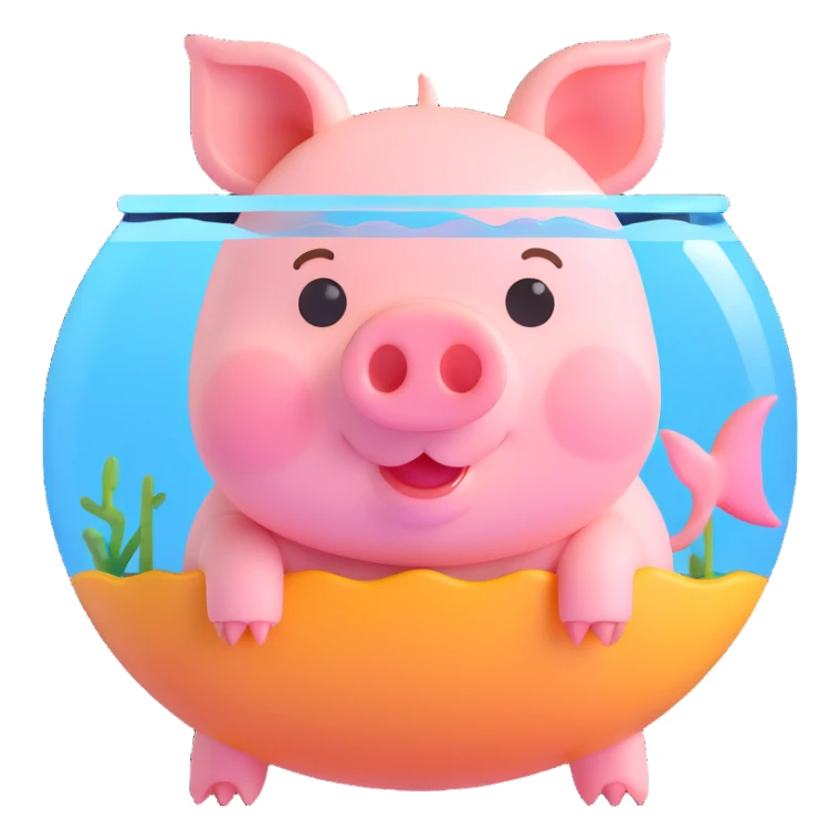 cute little pig inside a fish tank, fresh and adorable, focus on pig and fish tank, suitable for emoji sticker