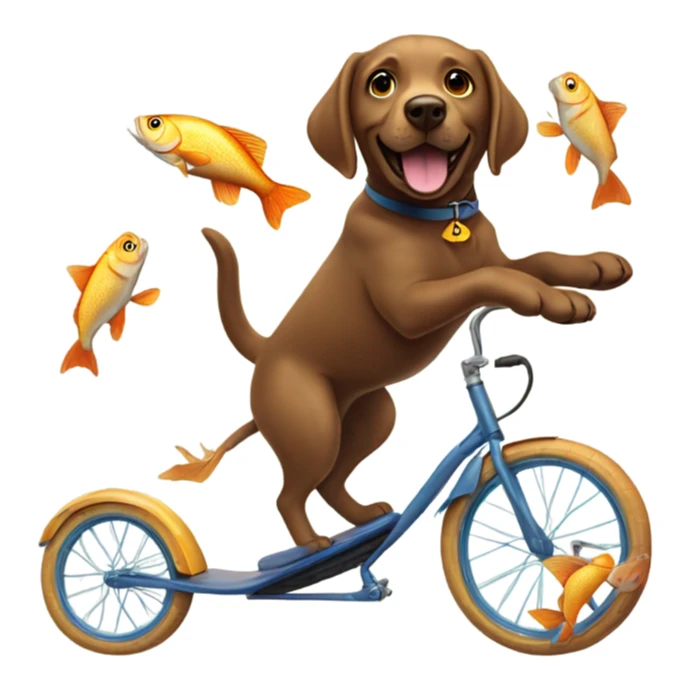 A brown Labrador riding a unicycle whilst juggling fish sticker