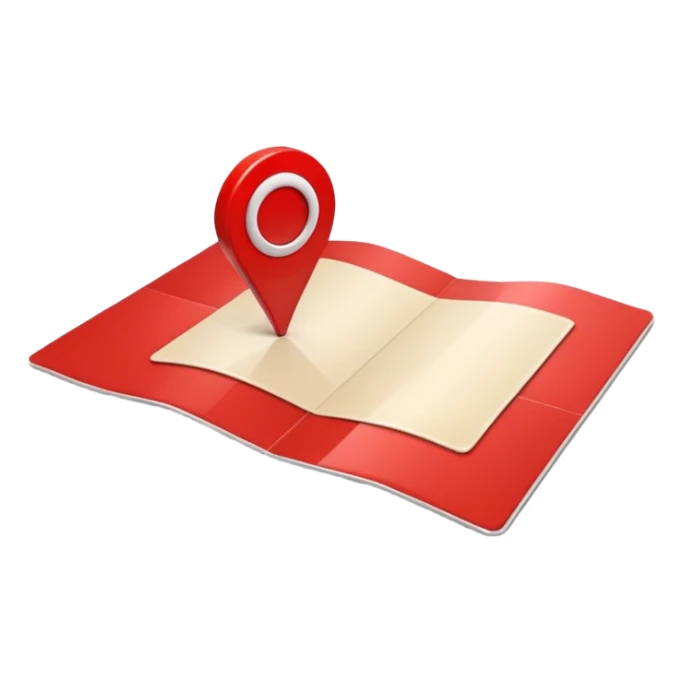 Emoji of a red location pin on a small folded map, iPhone emoji style. Flat design, smooth gradients, rounded edges, soft shadows, clean look, white background sticker