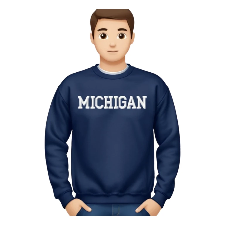 Crewneck sweat shirt with embroidered word “Michigan” in varsity font sticker