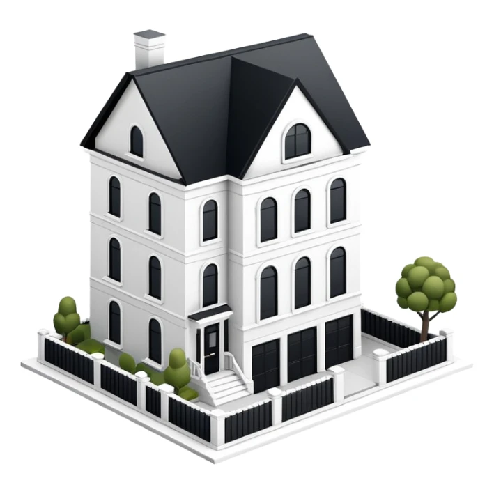 Upper East Side black and white classic modern townhouse exterior, isometric dollhouse-style, realistic sticker