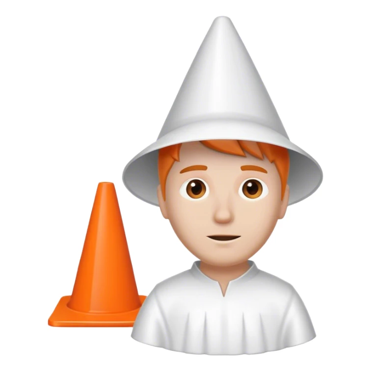 White guy with white gown and white traffic cone on head sticker