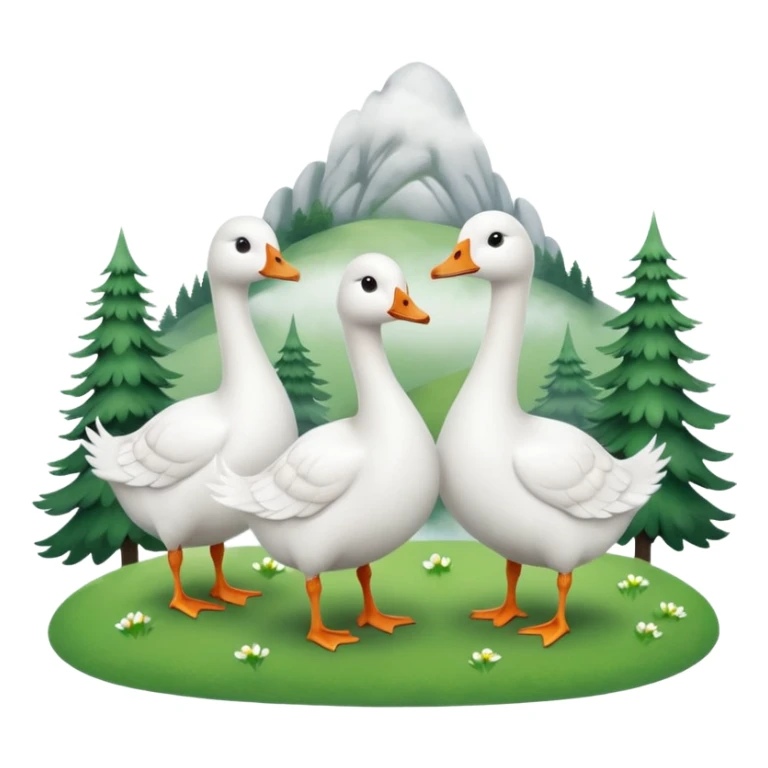 9 white geese standing on a green hill, front view, foggy sticker