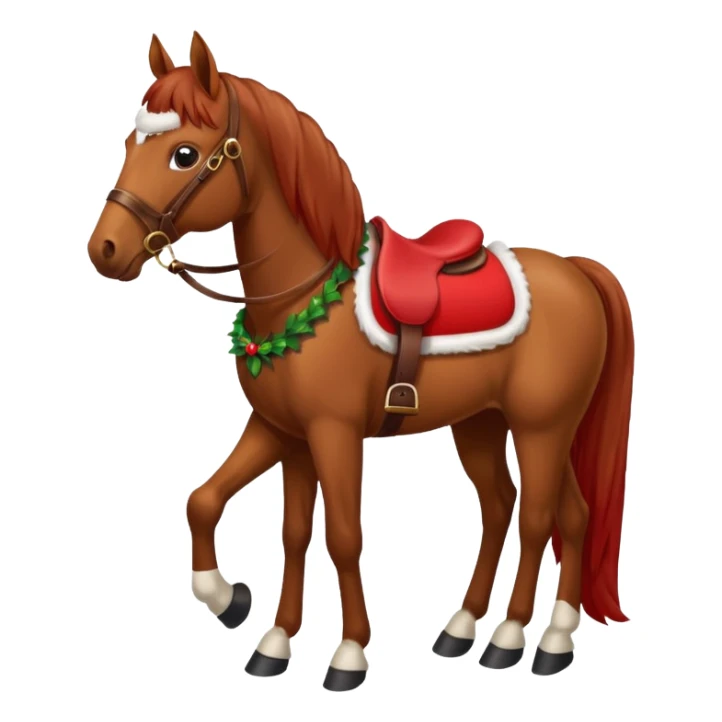 a christmas brown horse with a red saddle sticker