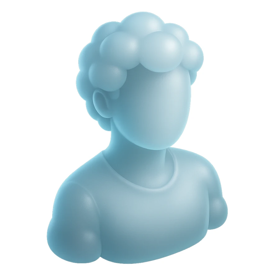 bright front view shoulder-up person, face and body made of puffy clouds, matte glass style sticker