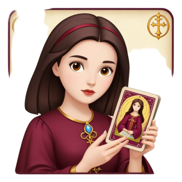 A brunette girl with a square hairstyle reading the Burgundy tarot sticker