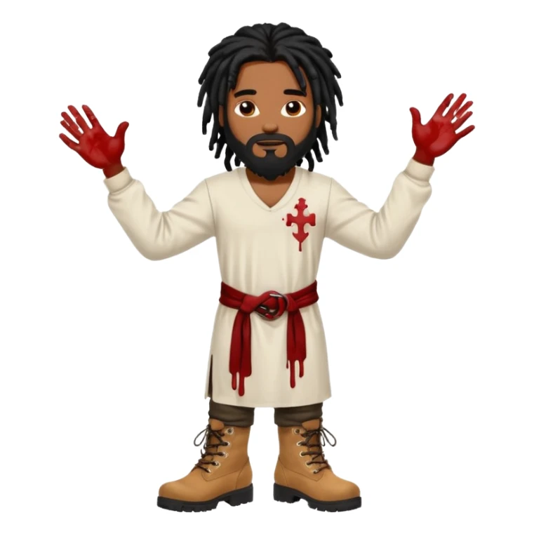 African American man with shoulder length black dreadlocks with black beard wearing a white tunic with blood on it wearing timberland boots with hands out clean sticker