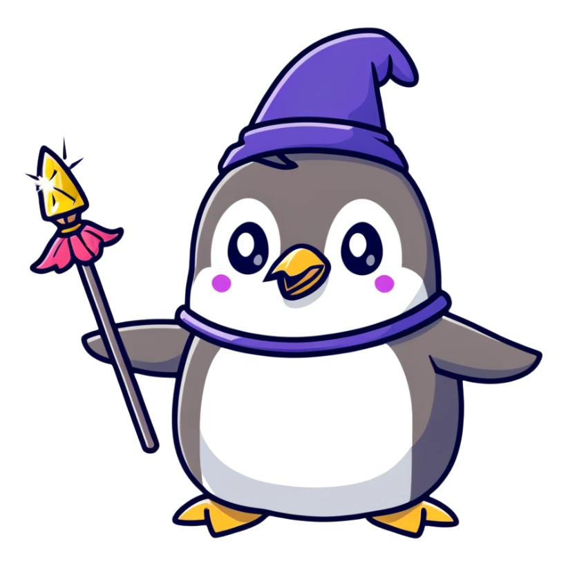 cute penguin wizard with magical sparkles, holding a magic staff sticker