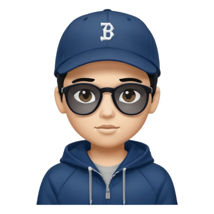 generate a fair pretty bratz boy wearing a dark blue baseball cap with black sunglasses and a grey hoodie

hair black  sticker