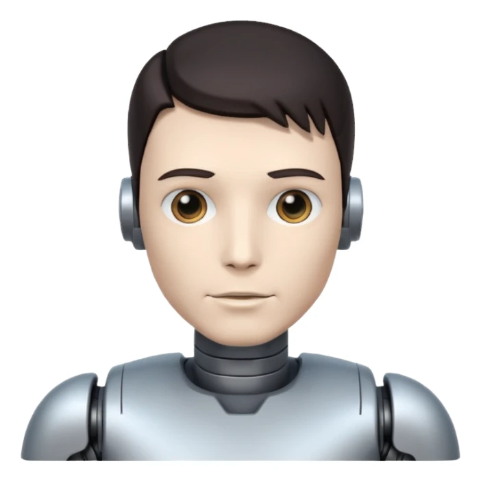 male robot with dark hair color and metalic face sticker