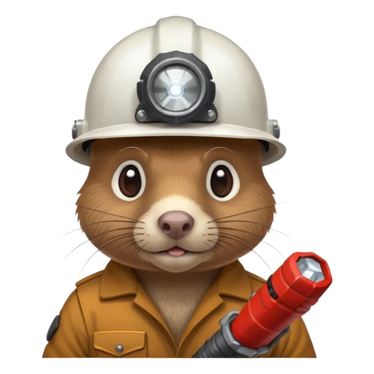 a mole rat with ore drill bit, white helmet, headlamp sticker