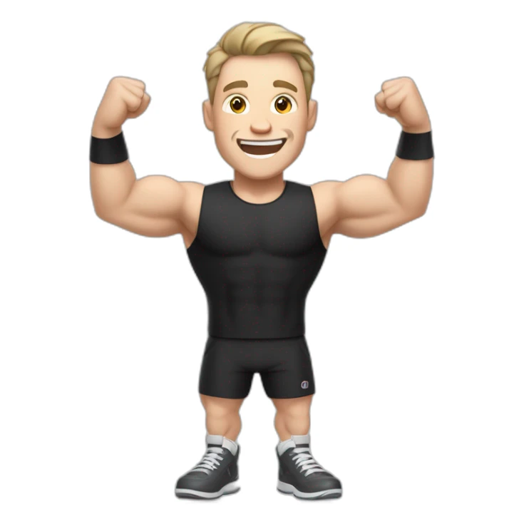 Joyful Celebrating victory Pale skinned Fit Man With the biceps and dark brown hair in black shirt, gray sports shorts and white Sneakers sticker