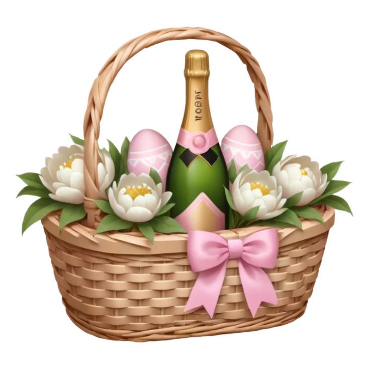 White Picnic basket with light pink bow, white peonies, pink easter eggs and one pink champage bottle inside sticker