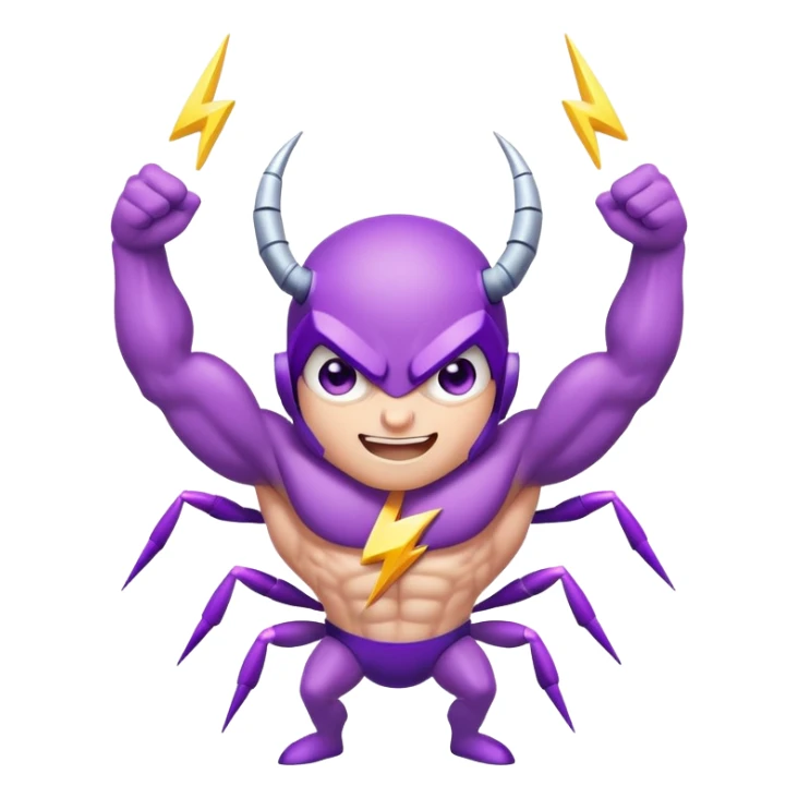 cute purple bug with confident narrowed eyes, strong flexing muscular arms, a fun happy smiling expression, and electric lightning bolt arms sticker