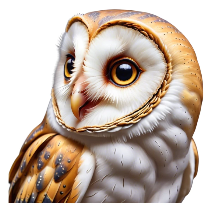 Cinematic Comical Barn Owl Portrait Emoji, Head tilted dramatically with an exaggeratedly amused expression, featuring a striking mottled plumage with bold contrasts, wide, expressive amber eyes filled with playful disbelief, Simplified yet hilariously expressive features, highly detailed, glowing with a slightly sassy glow, high shine, dramatic yet playful, stylized with an air of cheeky nocturnal mischief, bright and endearing, soft glowing outline, capturing the essence of a spirited and over-the-top owl, so meme-worthy it feels like it could hoot its way into internet fame instantly! sticker
