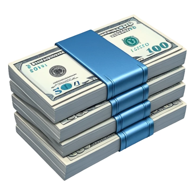 a neat bound stack of blue-and-white banknotes, koan bills , 90s futuristic, the band is dark gray sticker