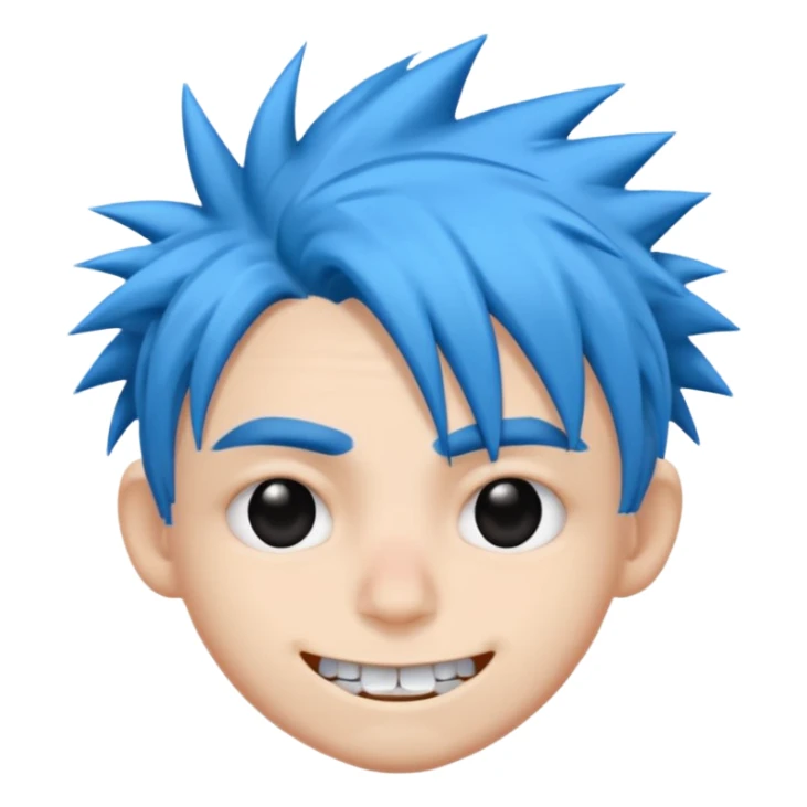 2D de gorillaz como emoji,cabelo azul bagunçado espetado ,olho totalmente branco e espaço grande entre os dentes ,com nariz e sobrancelha preta grossa sticker