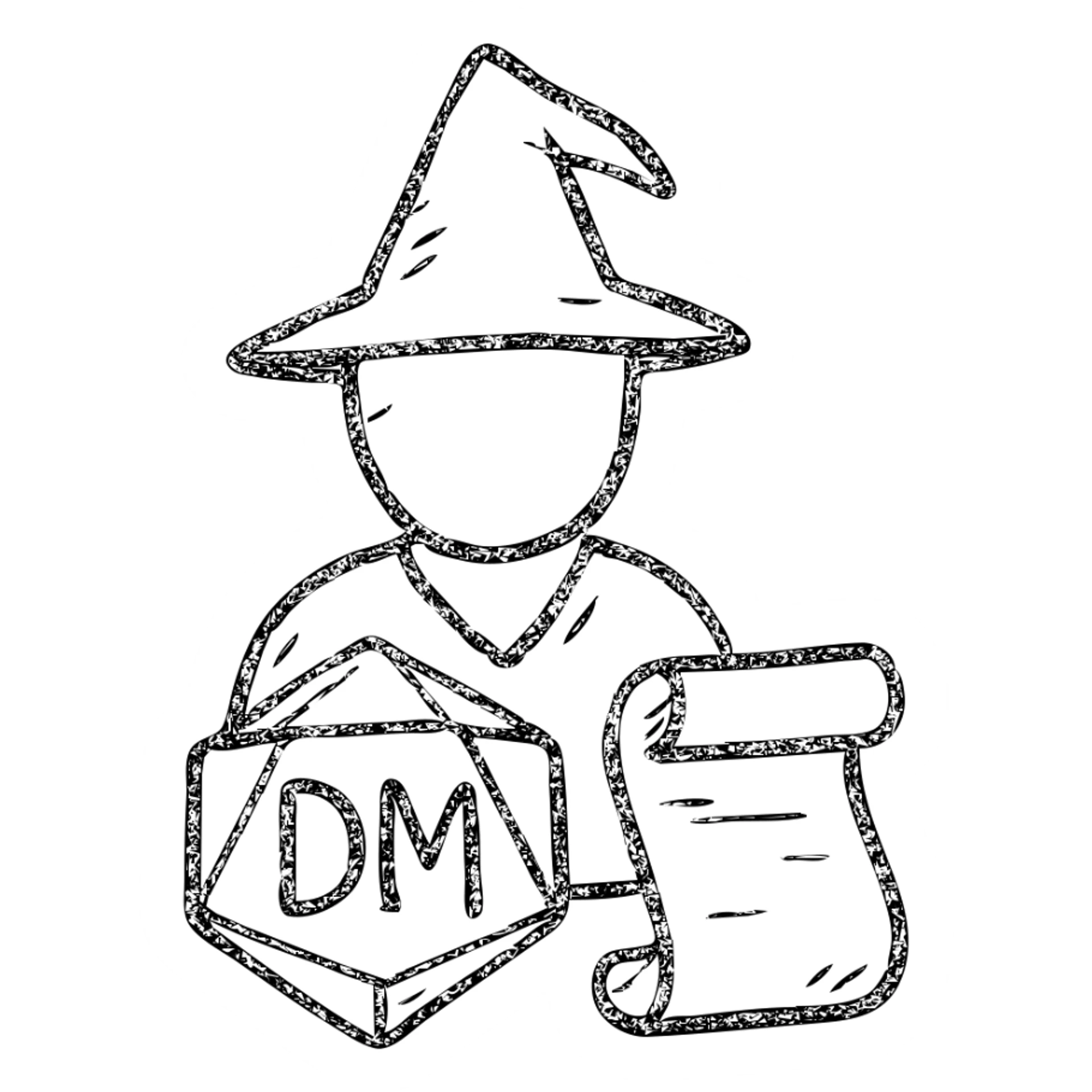 minimalist hand-drawn outlined icon representing Dungeon Master for DnD TTRPGs with worn distressed effect sticker