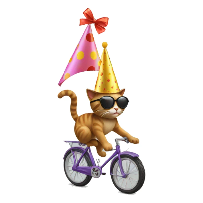 cat riding a bike wearing sunglasses and a birthday hat sticker