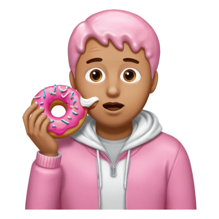 A man eating a pink donut spilling white icing down his face and clothes sticker