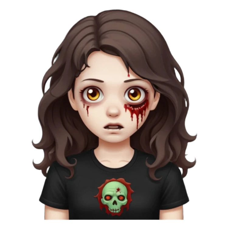 crie uma garota com ferimentos zoombie cabelo ondulado 2c longo castanho escuro e blusa básica preta sem nada  sticker