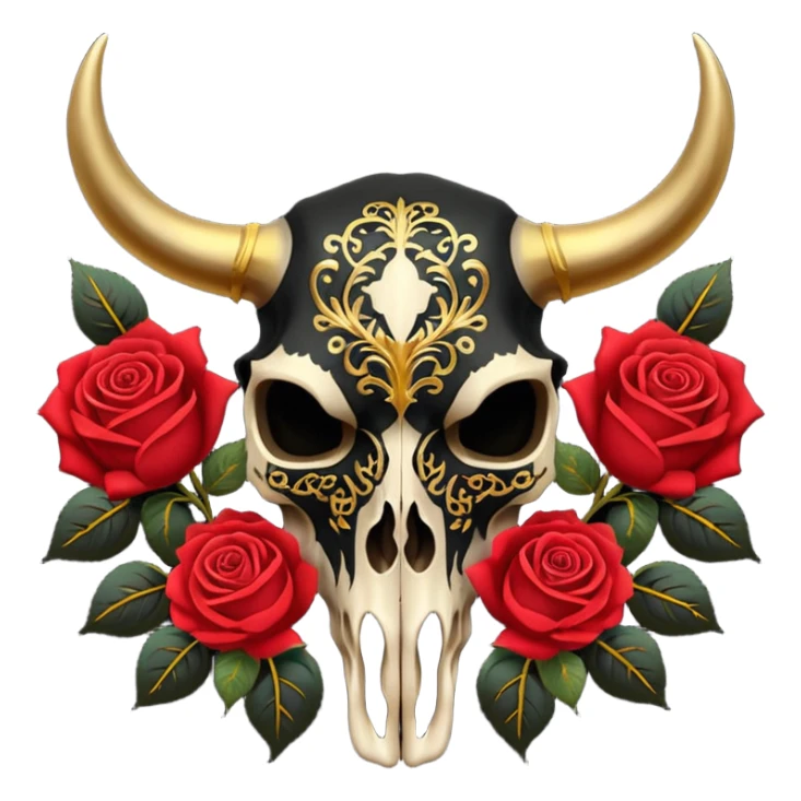 Black Bull skull with red roses and gold intricate patterns sticker