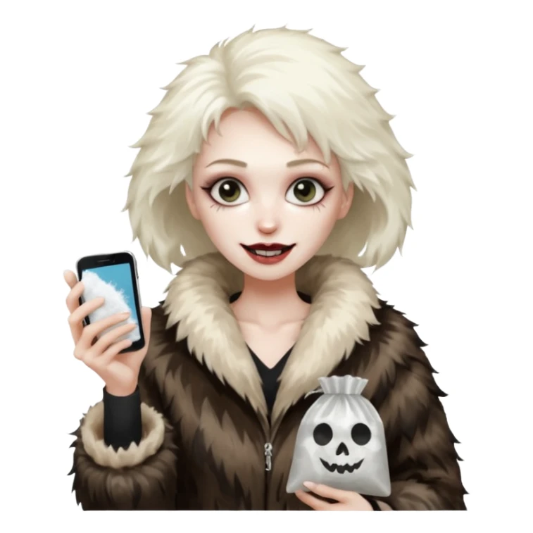 she is wearing a fur coat and has a transparent tiny, small  plastic bag full of white powder, and her phone in the other hand, she has lost so much weight, she looks evil , she has an evil grin sticker