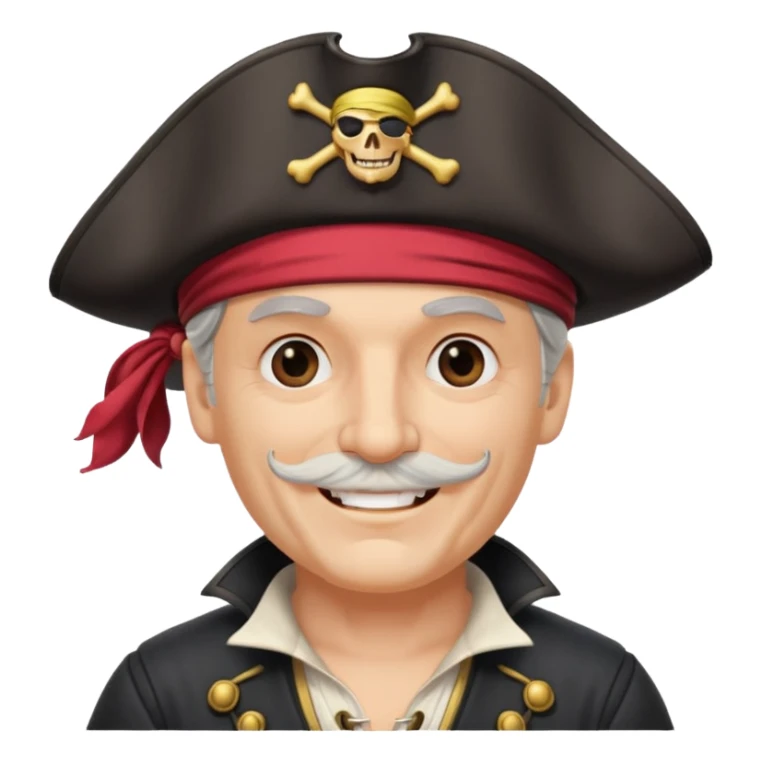 white middle aged male pirate captain with pirate hat and one eye patch, smiling sticker