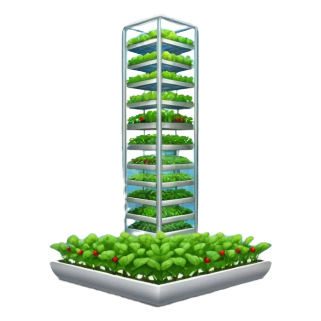 Vertical farm inside a towering skyscraper, with various crops growing in a hydroponic system under LED lights, viewed through a large window overlooking a futuristic city. sticker