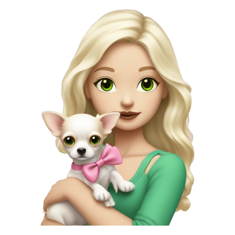 pale blond girl with wavy long platinum hair with green eyes holding a white chihuahua puppy that wearing a pink bow sticker