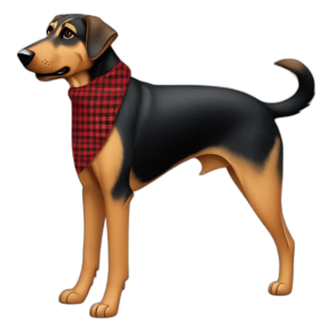 adult 75% Coonhound 25% German Shepherd mix dog with visible tail wearing small pointed red buffalo plaid bandana full body walking left quickly sticker
