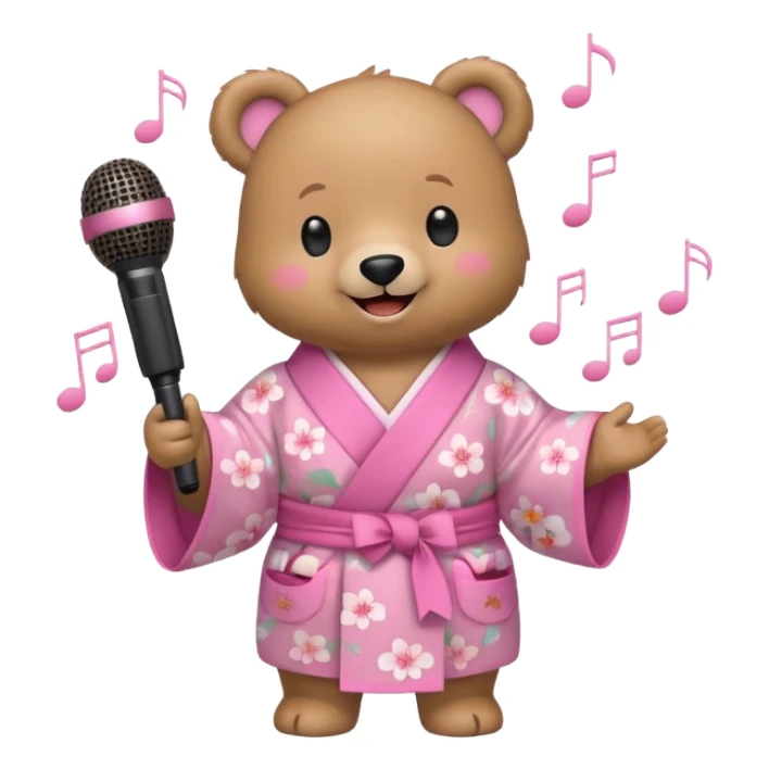 A cute light-brown bear wearing a pastel pink sakura-patterned kimono, normal balanced body ratio.  
Holding a microphone and singing happily, music notes floating around and a bright joyful smile.  
Kawaii emoji style, minimalistic clean sticker illustration, white background. sticker