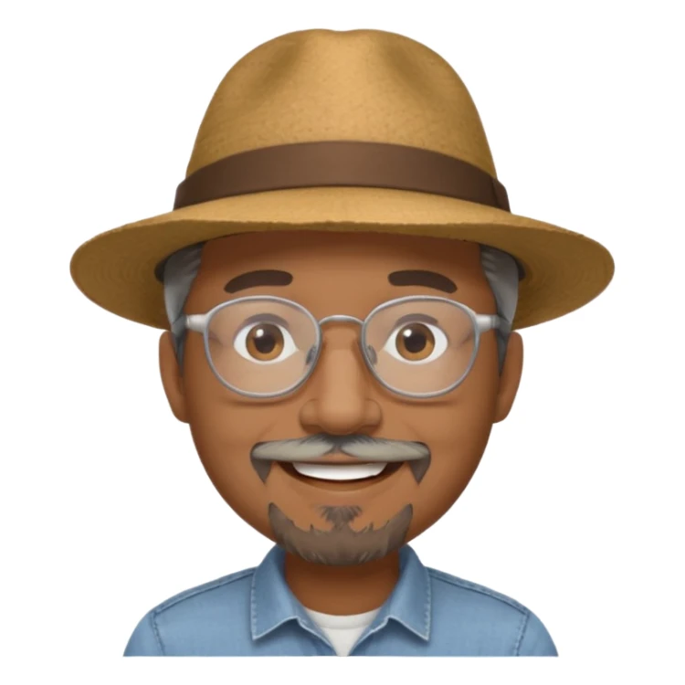 Brown man smiling not showing teeth, wide rimmed hat, clear glasses, gray goatee sticker
